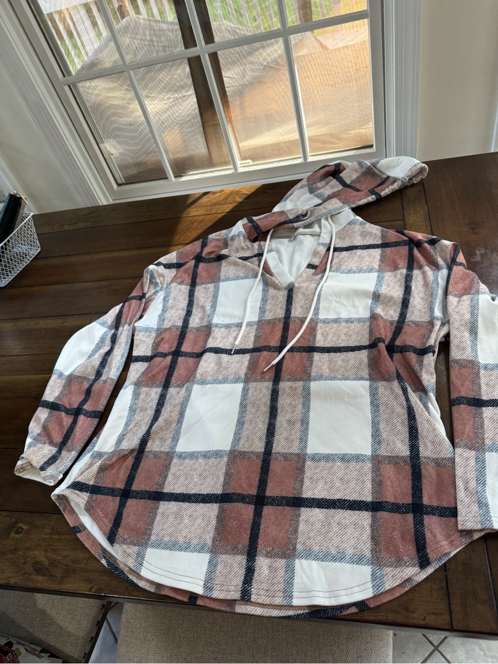 SHEIN Rust and Cream Plaid Hooded Pullover